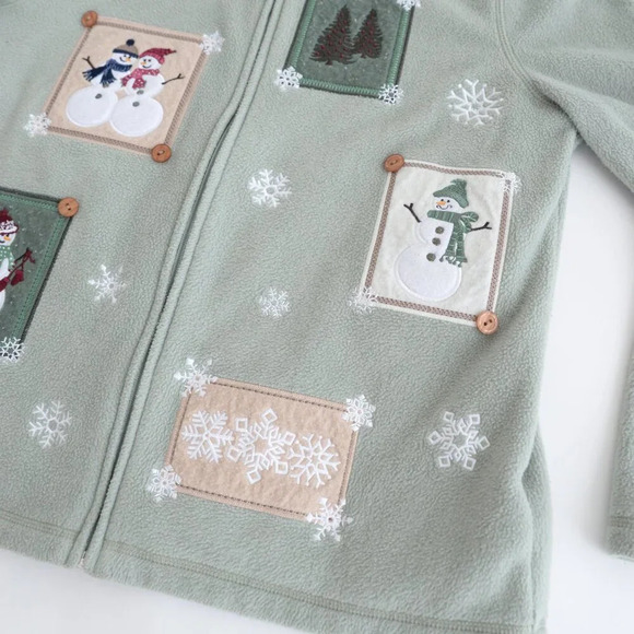 Vintage Croft & Barrow Sage Embroidered Snowman Christmas Zip Fleece Cardigan M - Picture 6 of 11